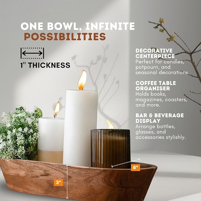 Wooden Dough Bowl – Handmade Decorative Bowls for Home Decor, Bathroom, Kitchen Counter & More - Acacia Wood Large Dough Bowl Fits Cosmetics, Keys & Other Knick Knacks – Great Boho Home Decorations