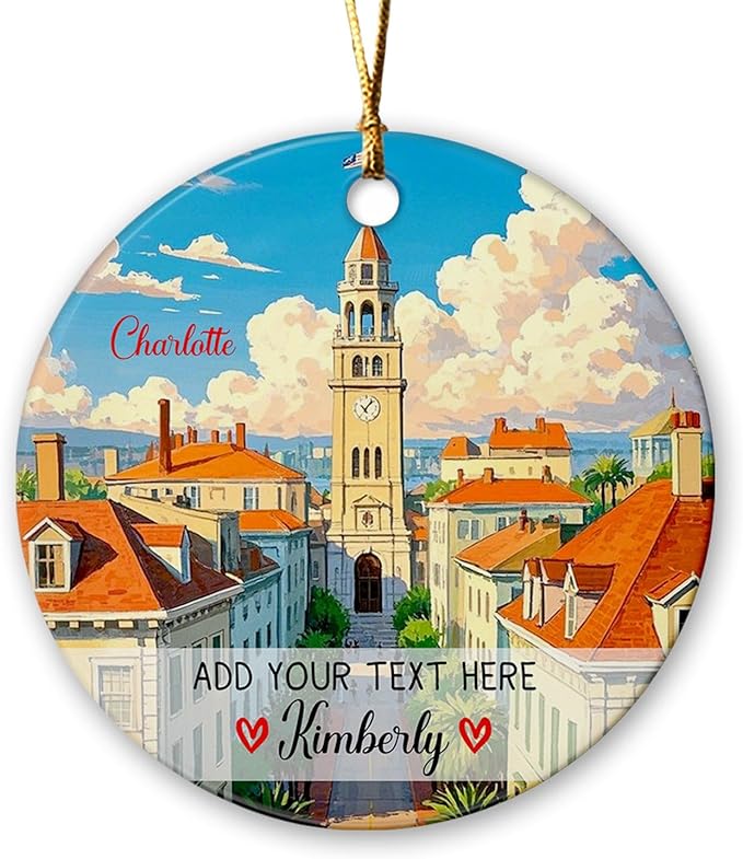 Personalized Text/Name Charlotte City Travel Souvenir Ceramic Christmas Ornament 2025, Charlotte Skyline Xmas Tree Ornaments, Custom Charlotte North Carolina USA Vacation Ornament Gifts for Friends