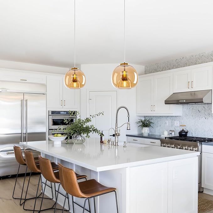 Amber Glass Pendant Lights Kitchen Island Gold Hanging Light Fixture Glass Globe Pendant Light Modern Pendant Lighting for Kitchen Island Bedroom Dining Room (7.87", 1 Pack)