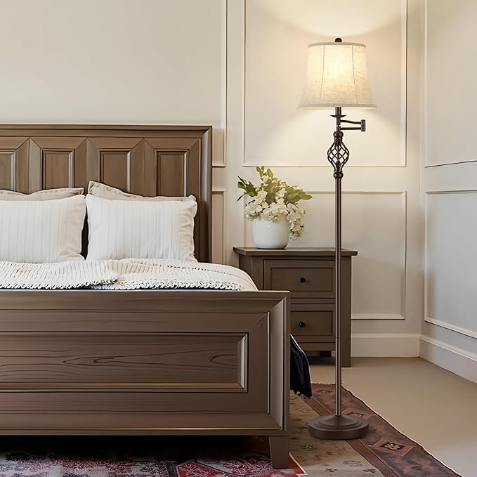 GyroVu 3 Color Temperature Floor lamp, Traditional 350° Adjustable Swing Arm Floor Lamp Vintage Pole lamp Farmhouse Lamp for Living Rooms, Rustic Standing Lamp for Bedroom Reading(Red Brown)