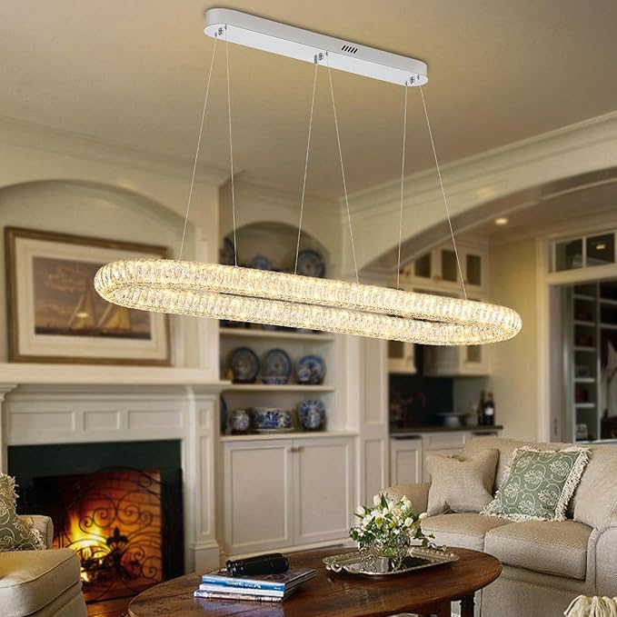 Oval Crystal Chandelier, 55'' Chrome Crystal Ring Pendant Light for Kitchen Island Modern Linear Oval Chandeliers for Dining Room Dimmable 3000K-6000K