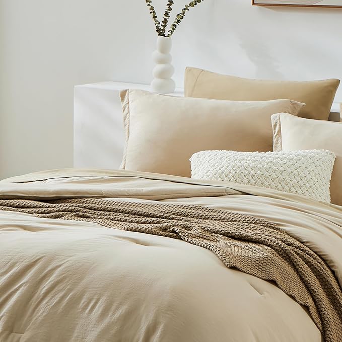 WRENSONGE Oversized Queen Comforter Set - 7 Pieces Beige Bed in a Bag Queen with Sheets, 2 Pillow Shams, and 2 Pillowcases- Warm Bedding Sets Queen for All Season