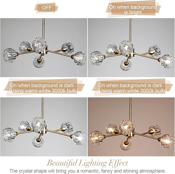 Sputnik Chandeliers for Dining Room Light Fixture Over Table, Modern Crystal Chandeliers, 6 Lights Gold Lighting Fixtures for Living Room Bedroom Kitchen Island