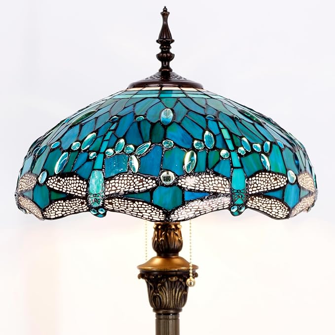 WERFACTORY Tiffany Floor Lamp Dragonfly Green Stained Glass Standing Reading Light 16X16X64 Inches Antique Pole Corner Lamp Decor Bedroom Living Room Home Office S622 Series