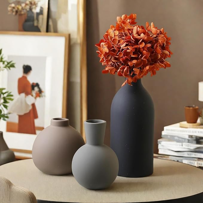 Ceramic Vase Set of 3, Vases Home Decor, Neutral Rustic Modern Farmhouse Decor, Pottery Vases for Pampas Grass Dried Fresh Flowers, Living Room Kitchen Bedroom Bathroom Entryway Mantel Shelf (Black)