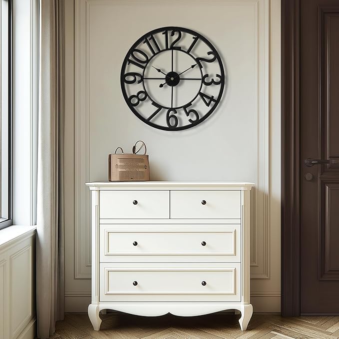 Tatub 24 Inch Large Wall Clock for Living Room Decor, Arabic Numeral Modern Round Decorative Metal Large Wall Clock for Bedroom and Kitchen, Silent, Non Ticking, Battery Operated