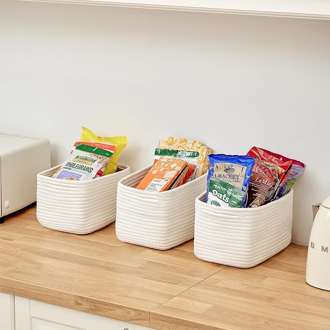 Small Cotton Rope Basket – Storage Bin for Organizing (10.6" x 6.7" x 6.7"), Bathroom Storage Basket for Shelf, Counter & Closet（White）