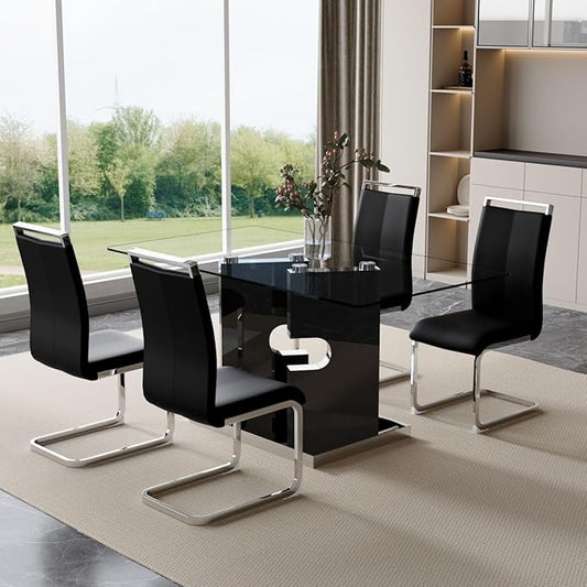Glass Dining Table Set for 4,5 Piece Dining Table Set, Tempered Glass Table Top and Modern Design MDF Base with 4 PU Leather Ergonomic Dining Chairs