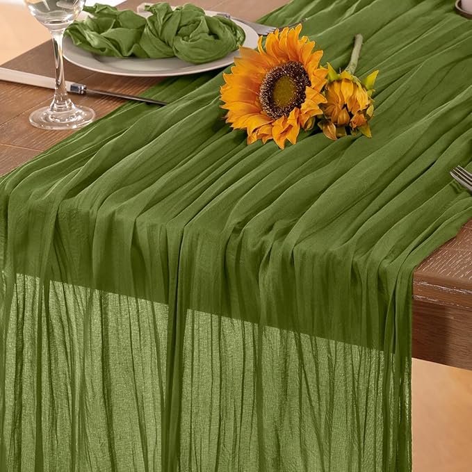 Olive Green Cheesecloth Table Runner Fall Table Runner Boho Gauze 120 Inches Green Fall Cheese Cloth Table Decorations for Thanksgiving Wedding Bridal Baby Shower Tea Party