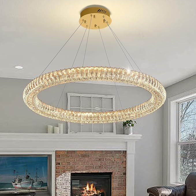 Modern Crystal Chandelier Dimmable LED 39.4" Ring Pendant Light Adjustable Round Gold Crystal Chandelier Light Fixtures for Dining Room Living Room