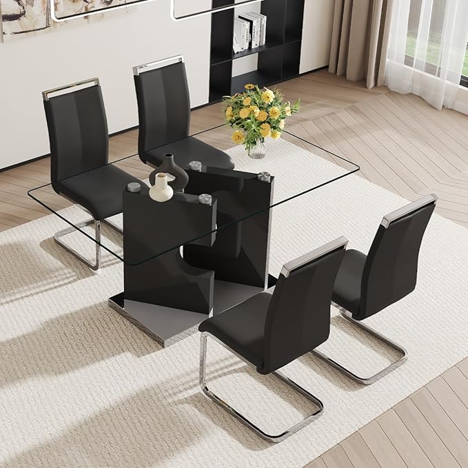 Glass Dining Room Table Set for 4,Dining Table Set for 4 with PU Leather Chairs,Retangular Dining Table with MDF Table Legs and Sliver Base for Dining Room
