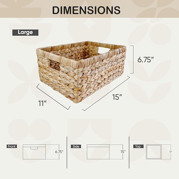 Large Rectangular Handwoven Wicker Basket - Natural Water Hyacinth Storage Baskets with 2 Built-in Handles - Ideal for Towel, Blankets, and Home Organizer & Decor - 15"x 11"x6.75" - Brown