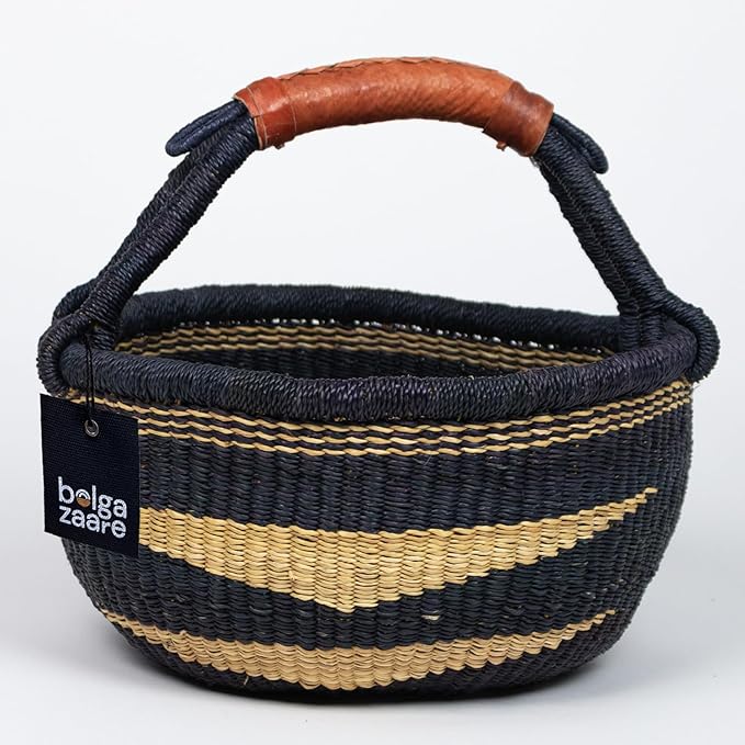 Market Basket, Handmade in Ghana by Women Artisans, Natural + Midnight Color, MEDIUM, 13"-15" Diameter x 8"-9" H, RED HANDLE (1 basket)