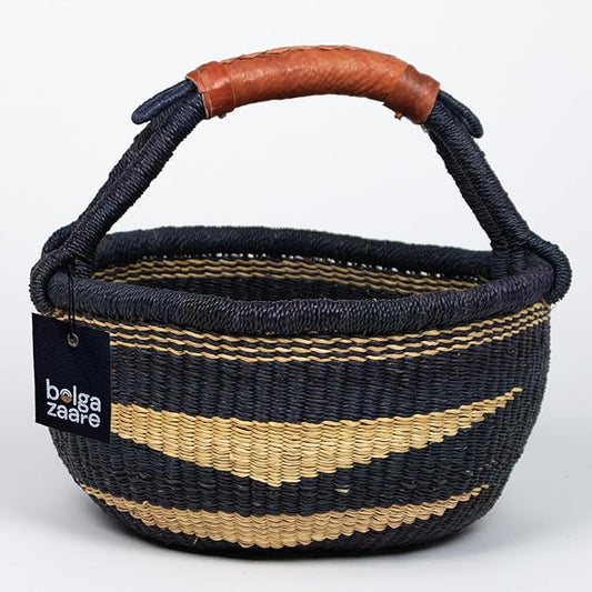 Market Basket, Handmade in Ghana by Women Artisans, Natural + Midnight Color, MEDIUM, 13"-15" Diameter x 8"-9" H, RED HANDLE (1 basket)