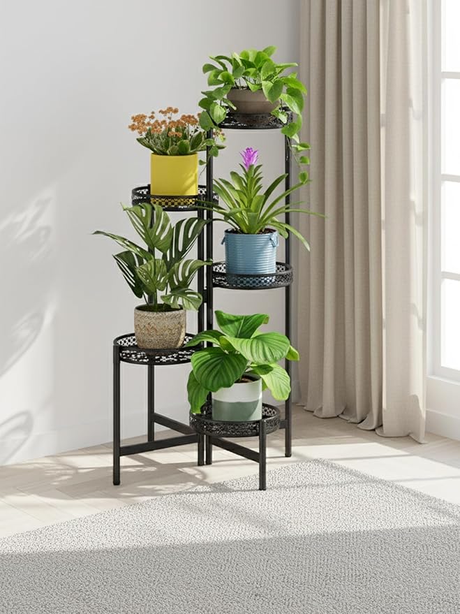 Plant Stand Indoor Outdoor, 5 Tier Corner Metal Flower Display Holder Shelf, Folding Tall Rack for Patio Balcony Porch Garden Living Room House, Heavy Duty Wrought Iron Plant Shelf- BlackWave