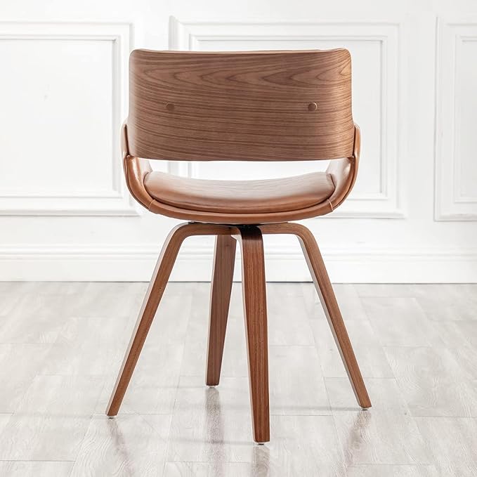 LUNLING Swivel Accent Faux Leather Dining Chairs, Mid Century Modern Chairs with Wooden Legs/Armrest/Upholstered Seat/Adjustable Foots for Kitchen Dining Room Desk Chairs,Brown,1PCS