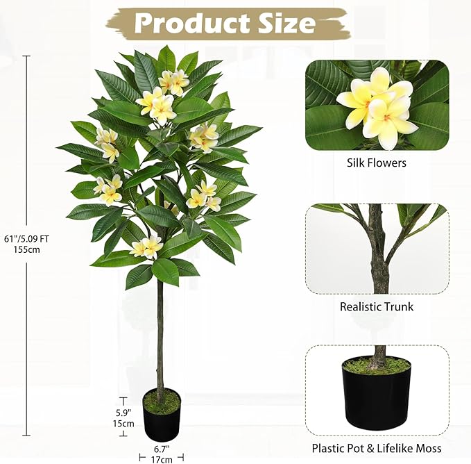 Briful Artificial Plants Indoor 5.09ft Fake Tropical Plumeria Flowers Tree in Black Pot Hawaiian Yellow Plumeria Faux Frangipani Tree Potted Floor Plant for Home Office Wedding Decor