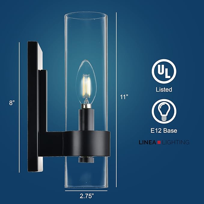Linea di Liara Teramo Farmhouse Matte Black Wall Lighting Modern Bathroom Wall Lights for Hallway and Bedroom Wall Sconce Lighting Fixture - Clear Glass Shade