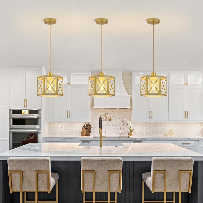 2 Pack Gold Pendant Lights, Modern Farmhouse Hanging Light Fixture with Hexagonal Cage, Vintage Brass Metal Ceiling Lights, Adjustable Lantern Pendant Lighting for Kitchen Island Sink Hallway