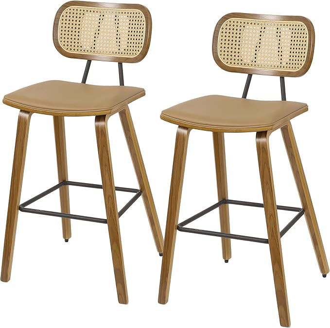 Counter Height Bar Stools Set of 2, Mid Century Modern Counter Stools, 26" Wood Kitchen Stool PU Leather Upholstered Barstool with Rattan Back, Counter Height Island Dining Bar Chair, Brown & Walnut