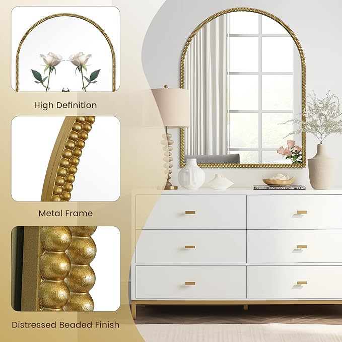 WallBeyond Gold Vintage Mirror for Vanity 28x36 Inch, Gold Antique Mirror with Ornate Beaded Frame for Bathroom, Living Room, Fireplace, Entryway