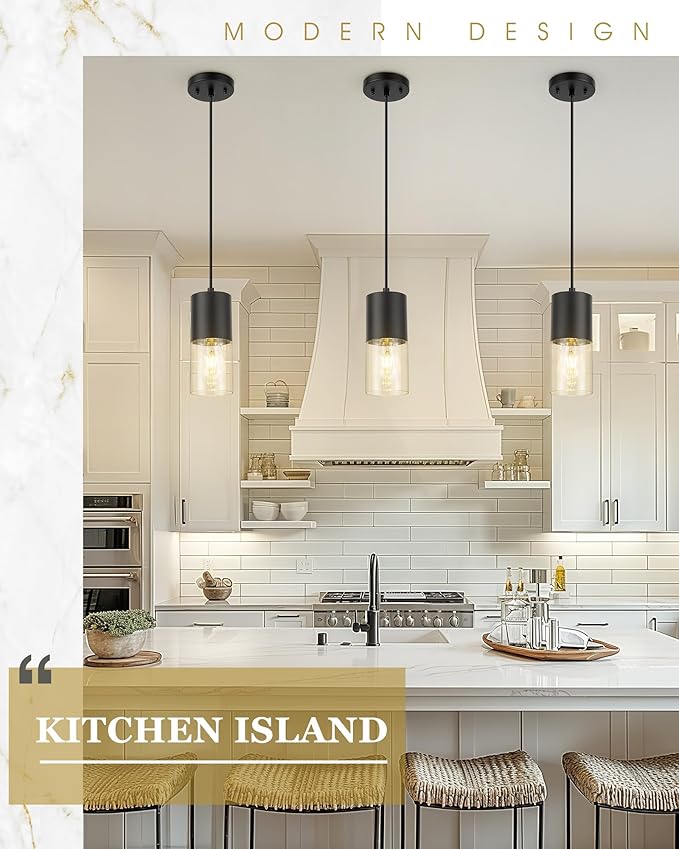 Black Pendant Lights Kitchen Island, Modern Hanging Lights Fixtures with Cylinder Clear Glass, Industrial Kitchen Pendant Lighting Over Island for Dining Room, AD-24023-1P-BK