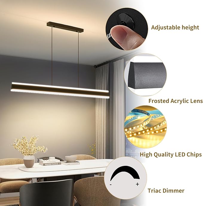 47" Linear Pendant Light Fixtures, Dimmable LED Chandeliers for Dining Room, Modern Pool Table Island Light for Kitchen Dining Room Billiard Room Office, Black, Adjustable Height