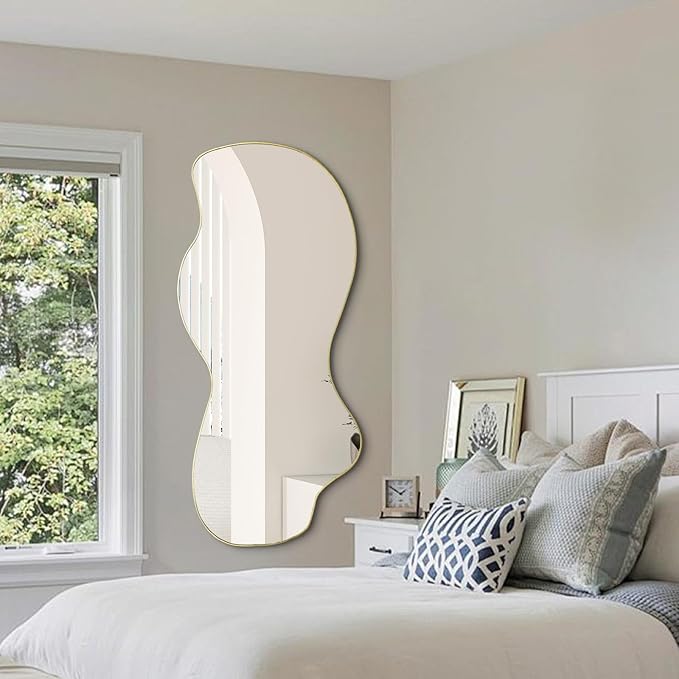 POZINO Large Irregular Mirror, Asymmetrical Full Length Mirror, 55"x25.5" Gold Wavy Shaped Mirrors, Modern Frameless Decorative Mirrors for Dressing Living Room Bathroom Bedroom Hallway Entryway