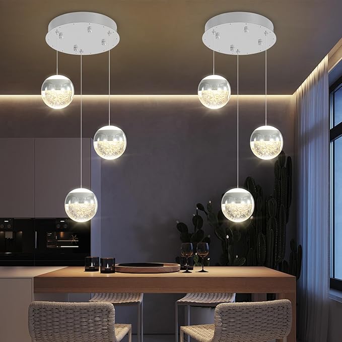 Modern Crystal Pendant Lighting Silver Globe Pendant Light Fixture, Mid Century Chandelier 3-Light Hanging Fixture for Kitchen Island,Globe Chandeliers for Dinning Room Bedroom