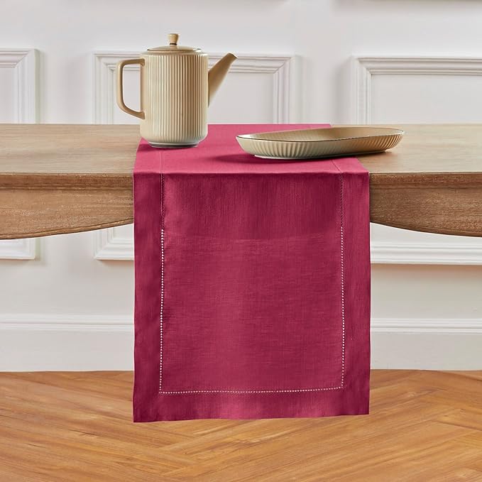Solino Home Linen Beet Table Runner 120 Inches Long - 100% Pure Linen Hemstitch 14 x 120 Inch Table Runner for Dining, Fall, Autumn, Thanksgiving, Holiday - Classic Hemstitch