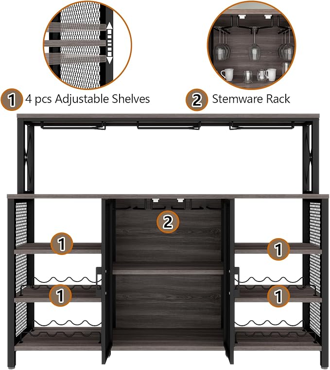Bar Cabinet, 55 Inches Industry Coffee Bar Cabinet with Wine Rack and Glass Holder, Kitchen Sideboard Buffet Cabinet with Wine Rack Storage for Liquor and Glasses (Rustic Grey)