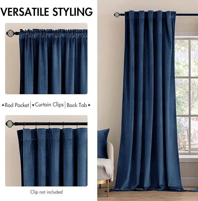 MIULEE Velvet Curtains 108 inches - Luxury Blackout Curtains for Bedroom Living Room Thermal Insulated Super Soft Window Drapes Rod Pocket & Back Tab, Navy Blue, W52 x L108 inches, 2 Panels