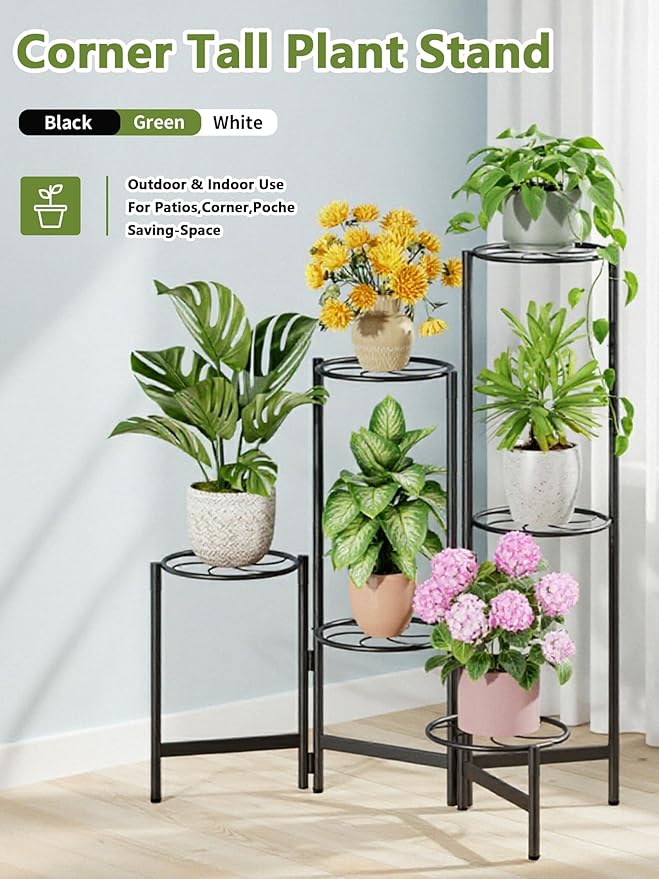 Outdoor Plant Stands for Patio Corner Tall Plant Stand Indoor Metal Flower Pot Stands for Multiple Plants 6 Tier Heavy Duty Shelf Black Kite
