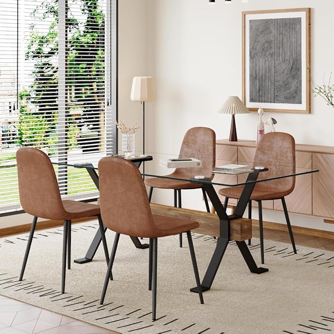 5 Piece Glass Dining Table Set, Kitchen Table Chairs Set for 4, 71'' Dining Table with 0.4" Tempered Glass Tabletop with Plated Metal Legs and MDF Crossbar, 4 Suede Chairs for Dining Room, Kitchen.