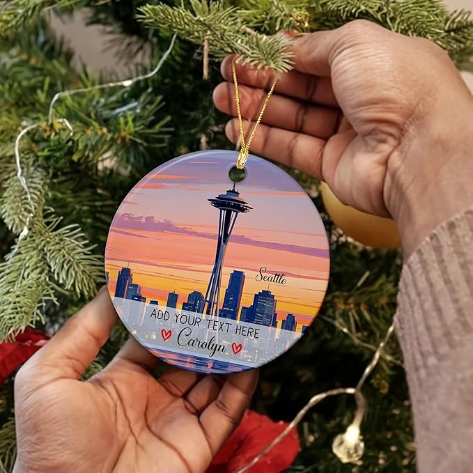 Personalized Seattle Washington City Skyline Ceramic Christmas Ornament, Seattle Space Needle Christmas Tree Ornament 2025, Custom Text/Name Washington State Landscape Xmas Keepsake Ornaments Gift