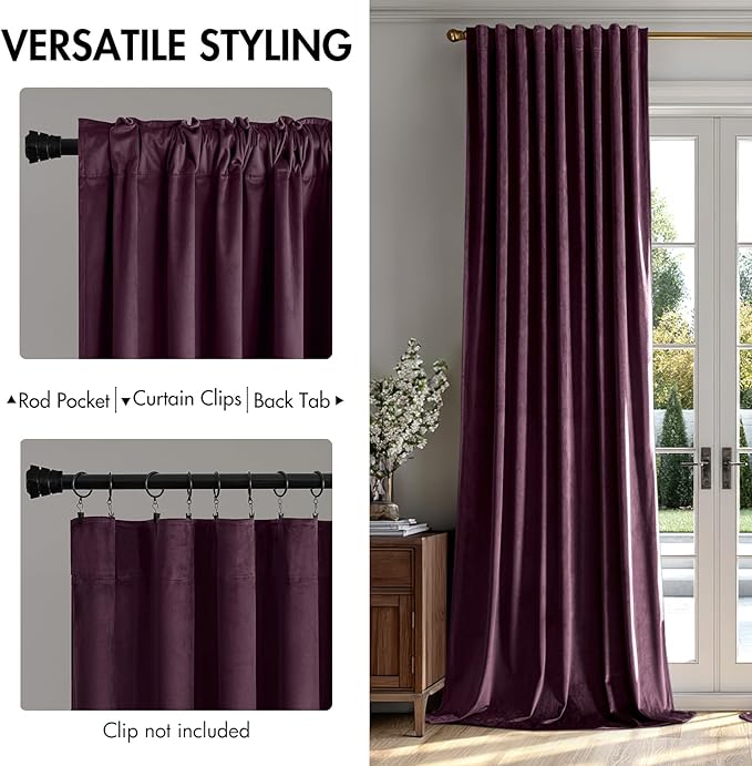 MIULEE Dark Purple Velvet Curtains 96 inches - Luxury Blackout Curtains for Bedroom Living Room Thermal Insulated Super Soft Window Drapes Rod Pocket & Back Tab, W52 x L96 inches, 2 Panels