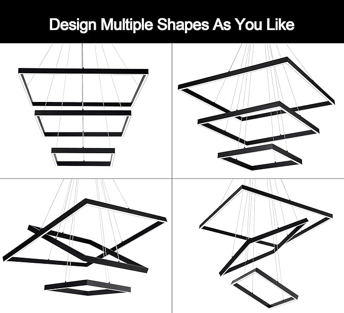 Led Chandelier 3 Rings Square Modern Led Pendant Lighting Dimmable Ceiling Pendant Light for Dining Room Living Room Kitchen Bedroom 15.7"+19.6"+31.4" Black