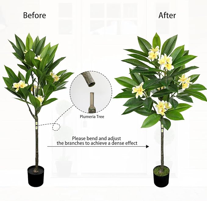 Briful Artificial Plants Indoor 4.17ft Fake Tropical Plumeria Flowers Tree in Black Pot Hawaiian Yellow Plumeria Faux Frangipani Tree Potted Floor Plant for Home Office Wedding Decor