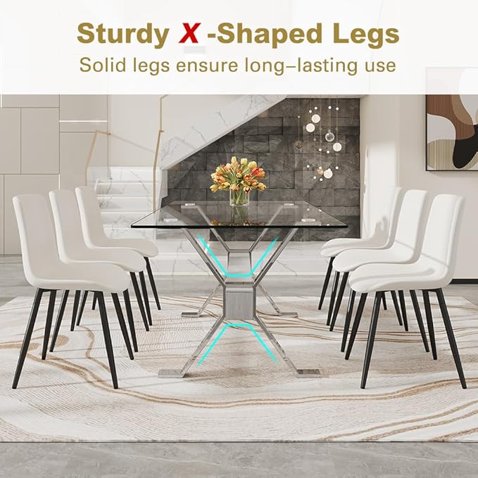 71'' Glass Dining Table Set for 6,7 Piece Dining Table Set with Tempered Glass Tabletop and Open‑Frame X‑Shaped Metal Base,Kitchen Table and Chairs Ideal for Dining Room&Home Office