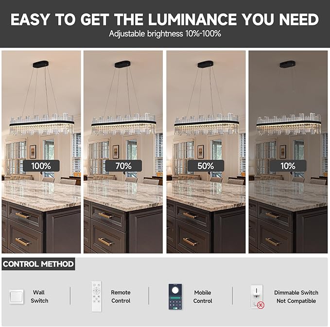 Black Led Modern Crystal Chandelier: 39.3" Rectangle Linear 3 Color Dimmable Chandeliers for Dining Room Over Table - Luxury Rectangular Contemporary Oval Light Fixture for Living Room Bedroom Foyer