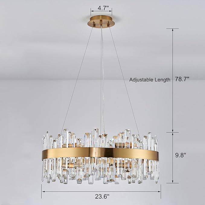 Round Crystal Chandeliers, D23.6 inch 12-Light Brass Gold Chandelier Lighting Fixture, Height Adjustable Pendant Ceiling Light for Living Room Dining Room Bedroom