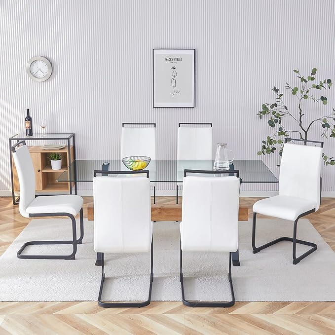 7 Piece Glass Dining Table Set, Kitchen Table Chairs Set for 6, 71'' Dining Table with 0.4" Tempered Glass Tabletop with Plated Metal Legs and MDF Crossbar, 6 PU Chairs for Dining Room, Kitchen.
