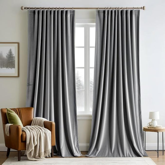 MIULEE Grey Velvet Curtains 96 inches Long 2 Panels - Luxury Pinch Pleated Room Darkening Window Drapes for Bedroom Living Room Thermal Insulated Super Soft Blackout, Back Tab Rod Pocket Gray
