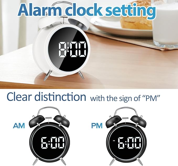 Extra Loud Alarm Clock for Heavy Sleepers Adults, Teens,Kids,Cute Retro Metal,Old Fashioned with Twin Bells,Battery Operated or Plug in,Small Digital Desk Clock