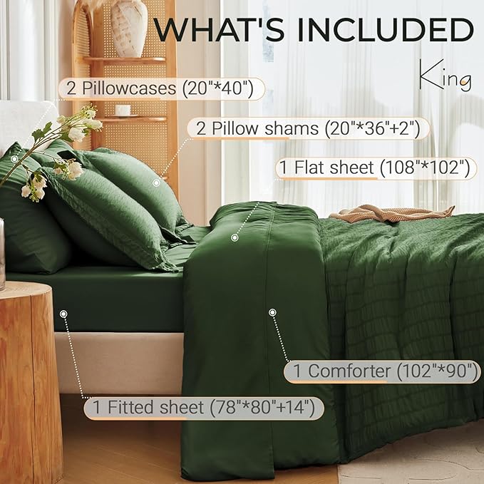 MUXHOMO 7 Pieces King Comforter Set, Seersucker Bed in a Bag King Size, All Season Luxury Bedding Set with Comforter, Flat Sheet, Fitted Sheet, Pillowcases & Shams, Dark Green