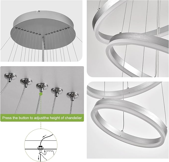 9 Rings Modern LED Chandelier Silver Dimmable Large Foyer Chandeliers Entryway High Ceiling for Staircase, High Ceiling Pendant Lights for Entryway Living Room, 3000K-6500K CCT