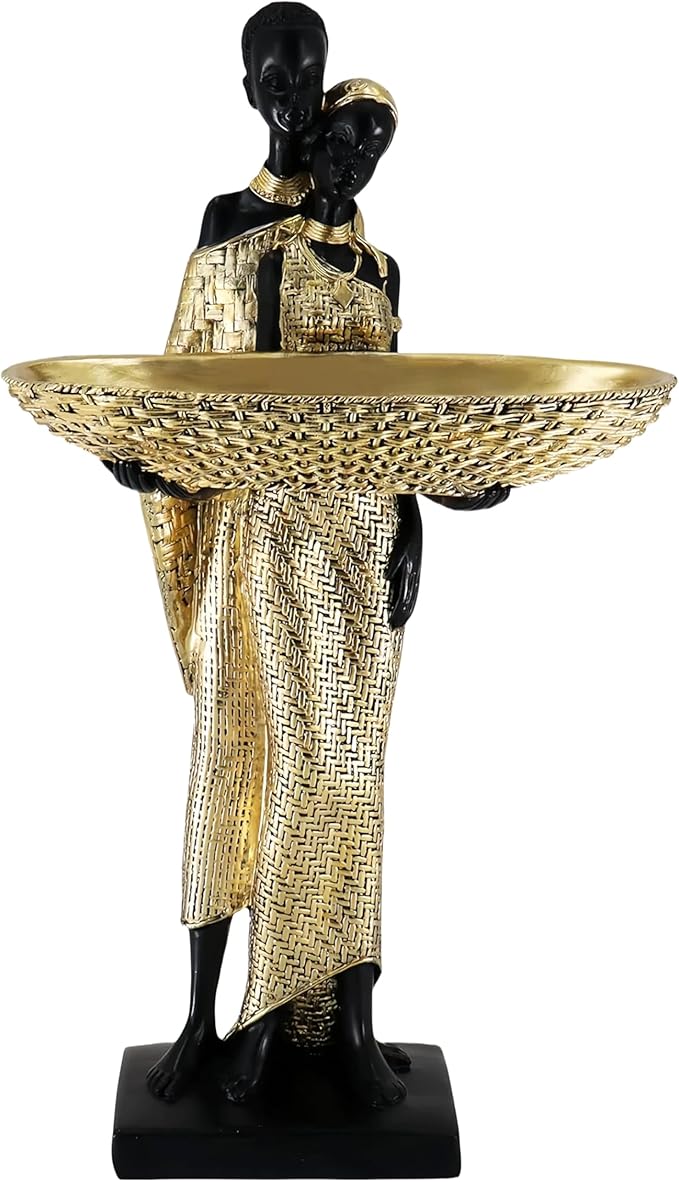 African Couple Resin Tray Sculpture – Black and Gold Decorative Bowl Statue for Entryway, Vanity, Coffee Table, Key Candy Jewelry Holder, Ethnic Art Home Decor Gift