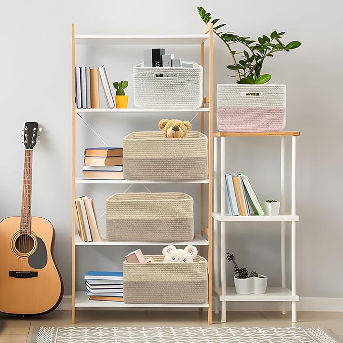 COMFY-HOMI 2 pcs Large Storage Baskets for Shelves, Laundry Basket, Woven Rope Basket, Closet Organizer Bins for Clothes Blanket Towels, Baby Nursery, Gift Toy Baskets, 17” x 13” x 7.5”-Beige brown