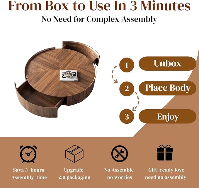 35.4'' Modern Round Coffee Table for Living Room, Fully Assembled Solid Wood Drum Center Table with Hidden Drawers Pefect for Small Space,Apartment No Assembly Elegant Walnut Finish