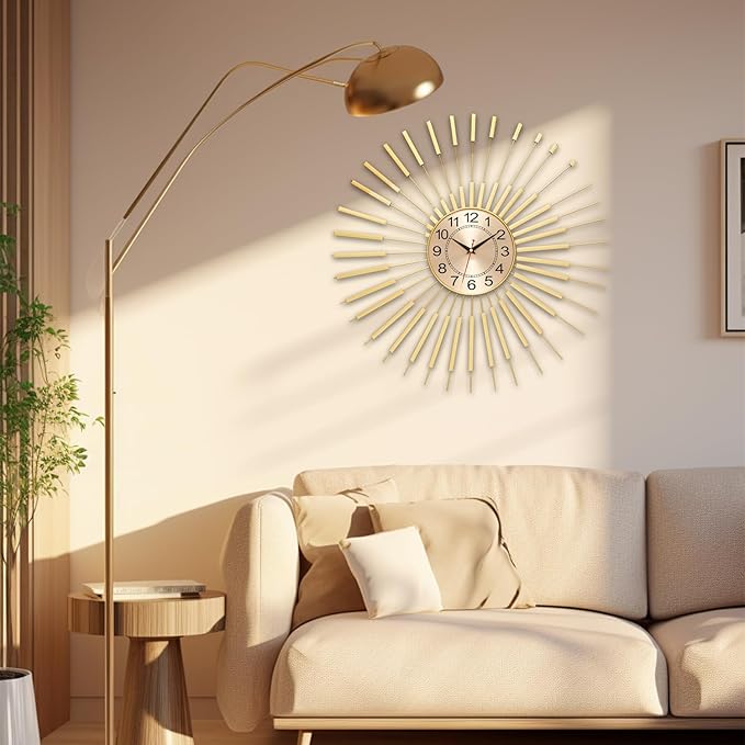 Wall Clock Large 23 Inch - Starburst Sunburst Round Gold, Modern Non-Ticking Battery Operated Silent Decorative Clock for Living Room Bedroom Kitchen Office